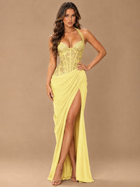 Sweetheart Halter Prom Dress Pleated Lace Floral Formal Dress with Slit