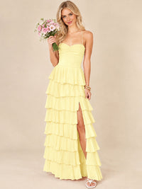 Ruffled Tiered Chiffon Prom Dress Spaghetti Straps Formal Maxi Dress with Slit