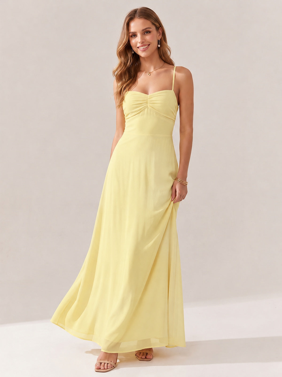 JOVELLEE Yellow Sweetheart Ruched Bust Chiffon Maxi Dress