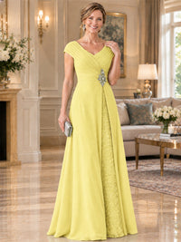 Pleated Chiffon Lace Mother of The Bride Dresses with Beading Cap Sleeves