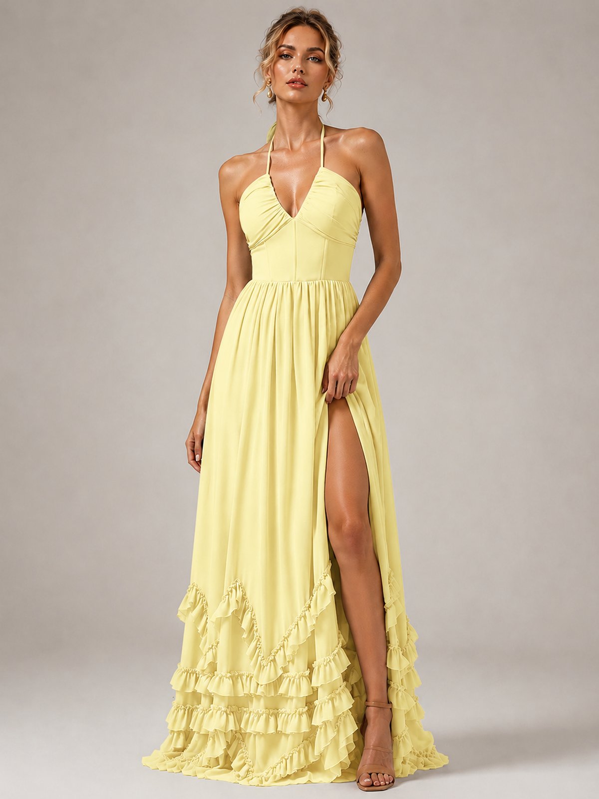 Halter V Neck Chiffon Formal Dress with Lace-Up Back and Ruffle Hem