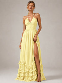 Halter V Neck Chiffon Formal Dress with Lace-Up Back and Ruffle Hem