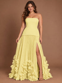 Strapless Pleated Floral Satin Formal Dress with Side Slit