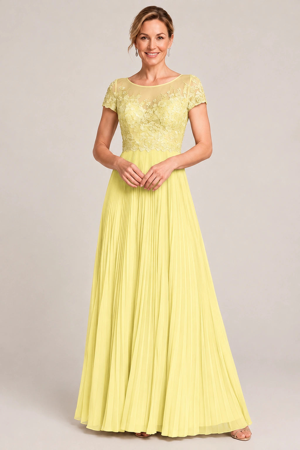 Embroidered Lace Pleated Mother of the Bride Dress