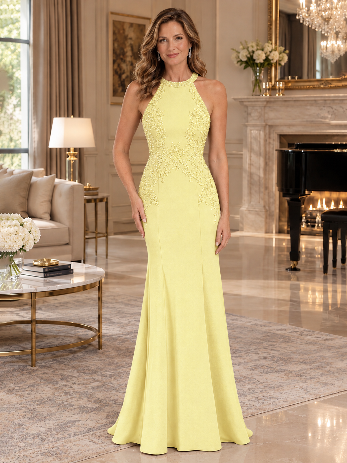Halter Neckline Lace Appliques Mother of The Bride Dresses