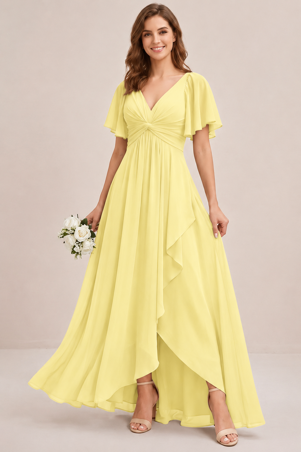 Dusty Blue Chiffon Bridesmaid Dress with Flutter Sleeves & High-Low Hem