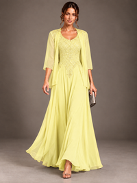 A-line 2 Pieces Chiffon Appliques Mother of The Bride Dresses with Jackets