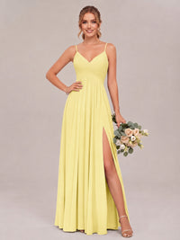Daffodil Spaghetti Straps Pleated Chiffon Bridesmaid Dress with Slit V-Neck A-line Long Formal Evening Wedding Guest Gown