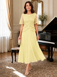 Tea-Length Chiffon Mother of the Bride Dress with Sequin Lace Sleeves