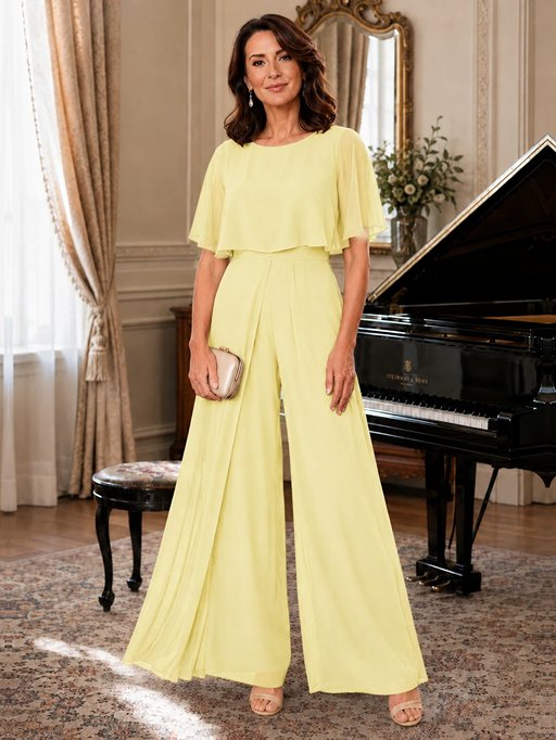 Chiffon Mother of the Bride Jumpsuit with Layered Cape Sleeves