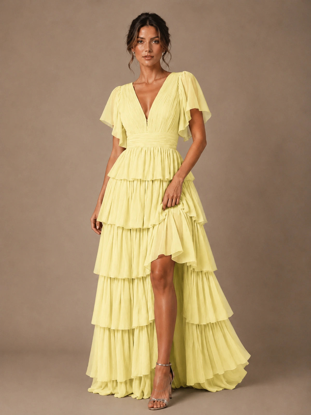 Chiffon V-Neck Tiered Ruffle Bridesmaid Dress with Slit