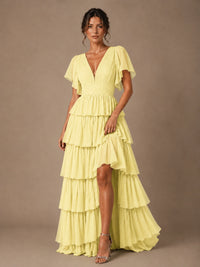 Chiffon V-Neck Tiered Ruffle Bridesmaid Dress with Slit