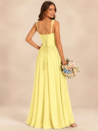 Spaghetti Straps Pleated Chiffon Bridesmaid Dress with Ruffle Slit