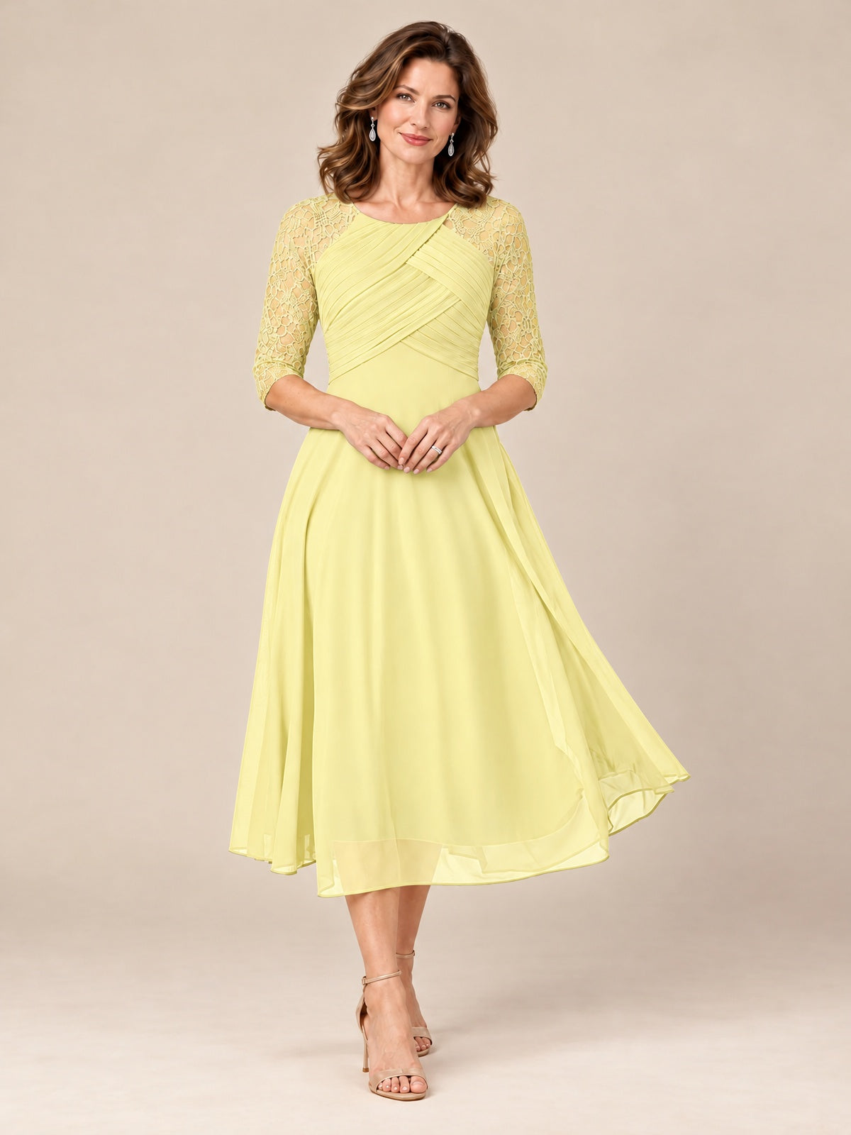 Daffodil-Lace Applique Pleated Tea Length Mother of The Bride Dresses