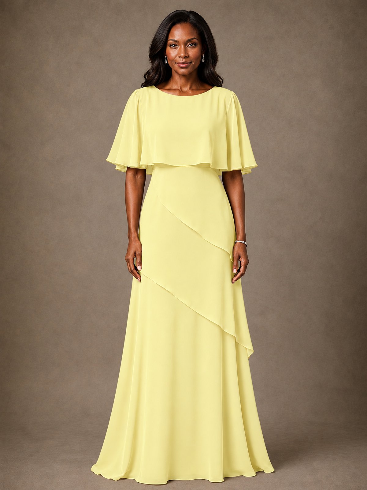 Taupe Chiffon A-Line Mother of the Bride Dress with Cape Sleeves