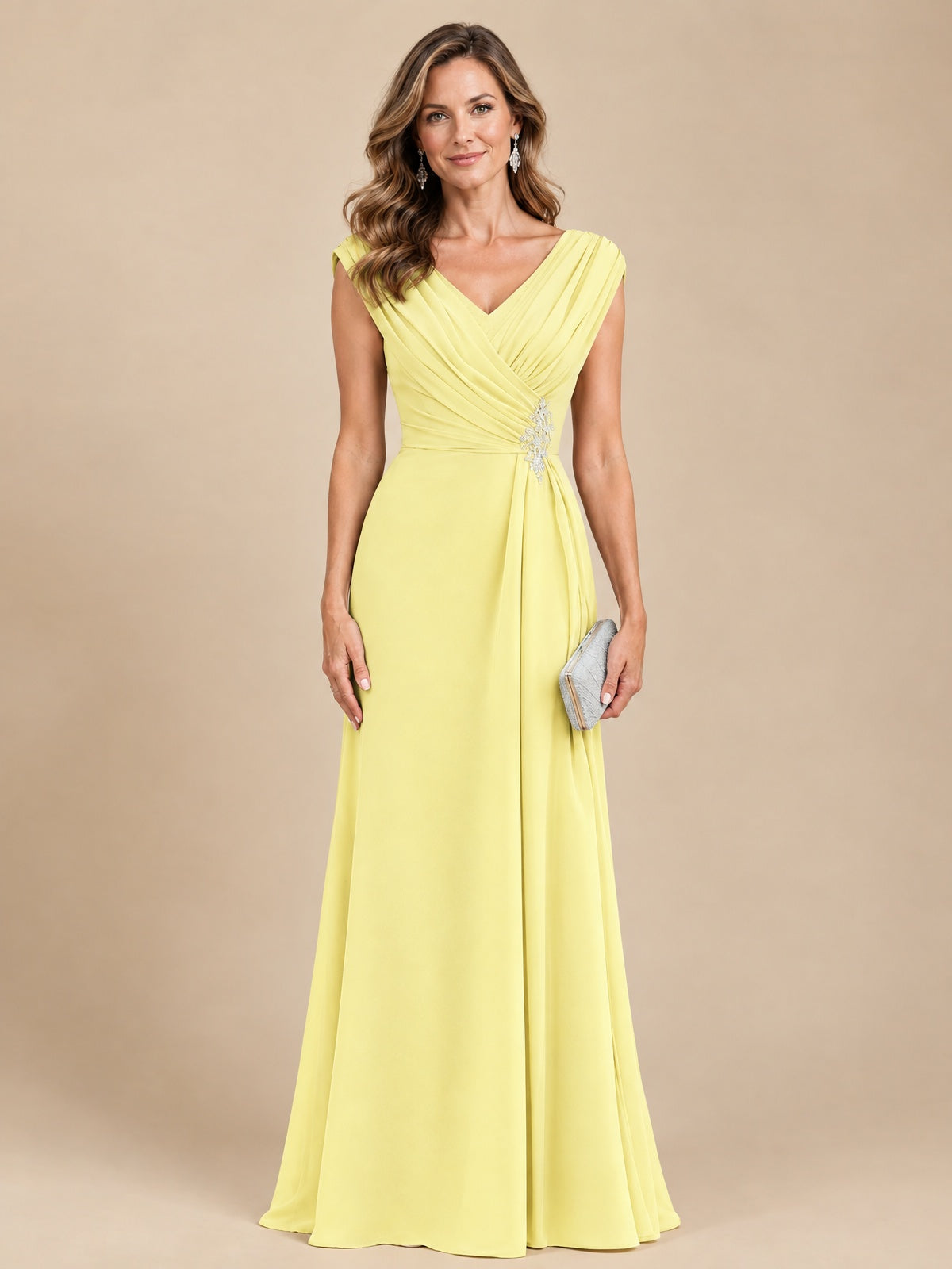 V Neck Pleated Mother of The Bride Dresses with Beading Cap Sleeves