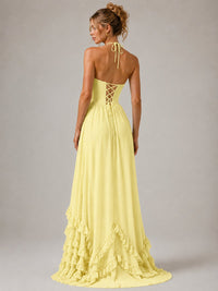 Halter V Neck Chiffon Formal Dress with Lace-Up Back and Ruffle Hem