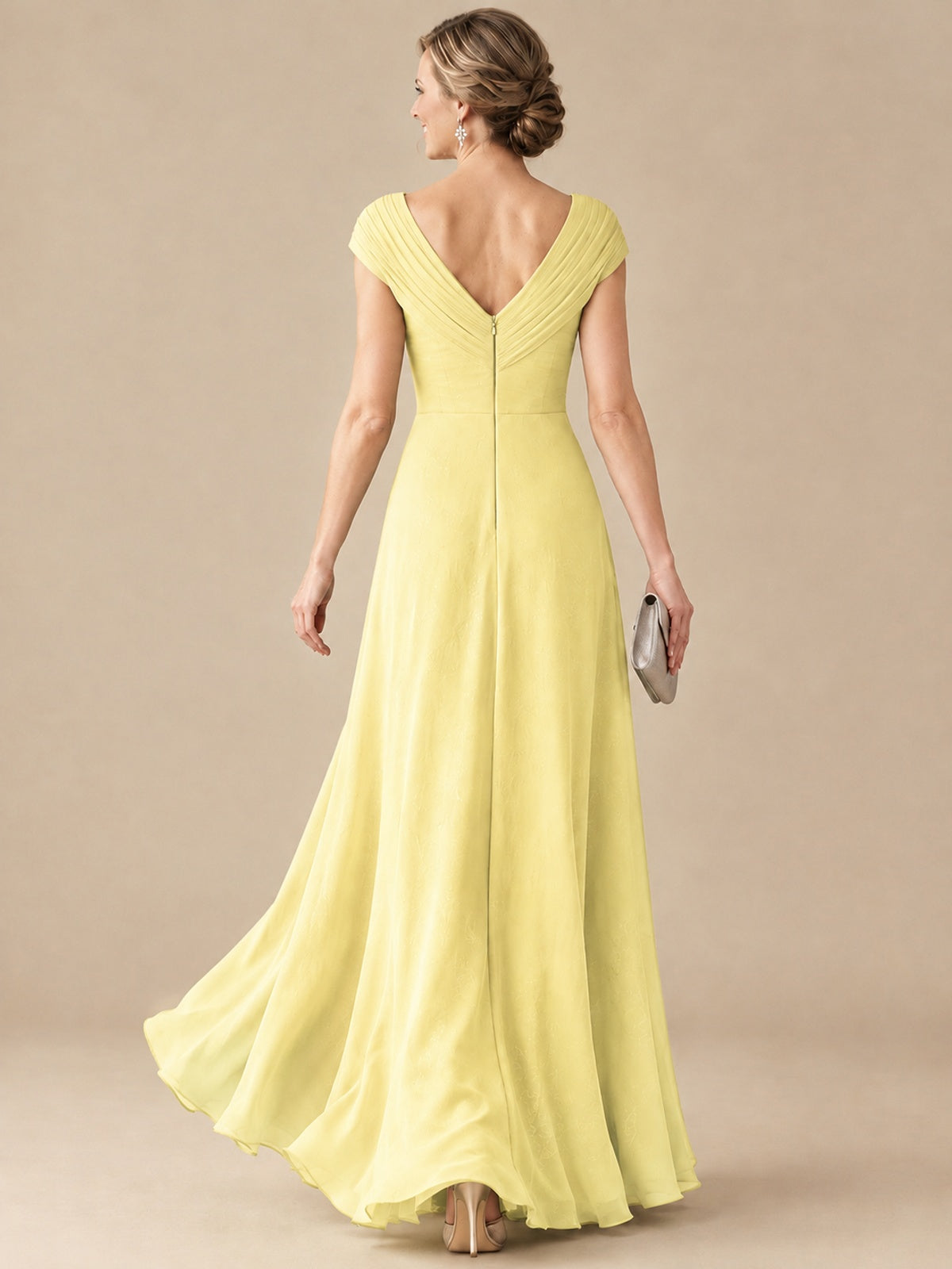 Pleated Chiffon Lace Mother of The Bride Dresses with Beading Cap Sleeves