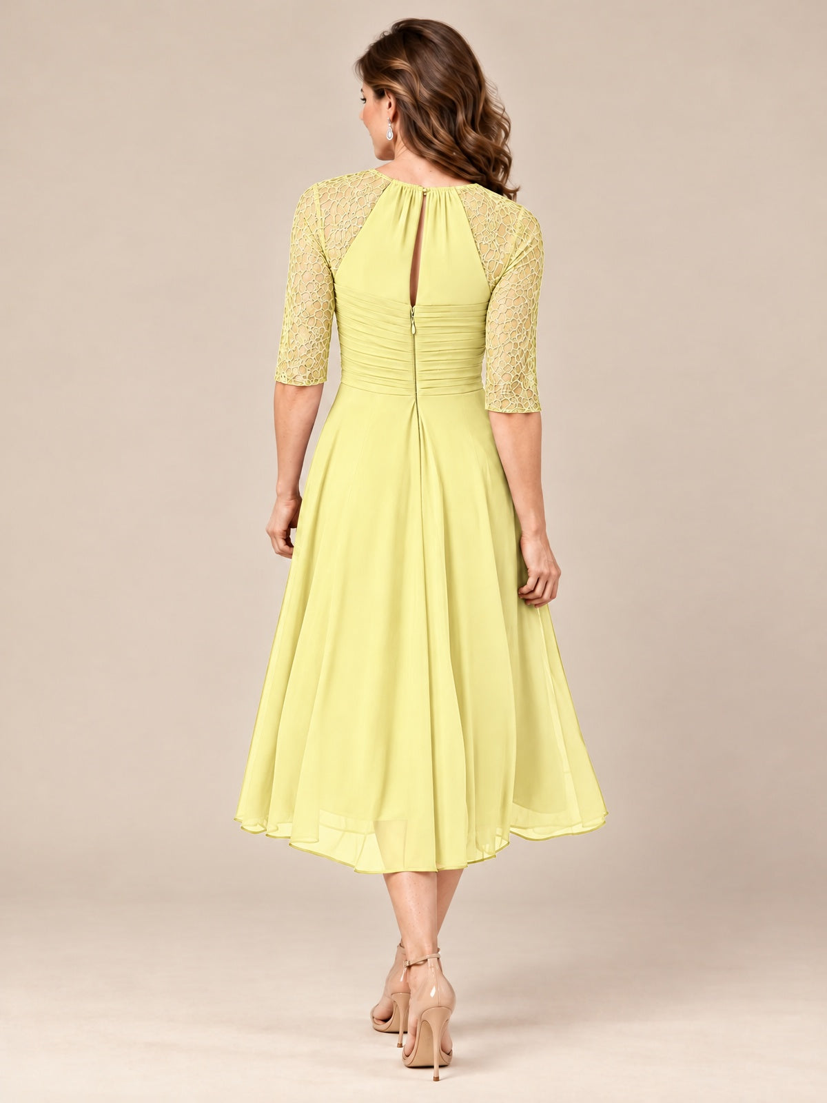 Tea-Length Mother of the Bride Dress with Lace 3/4 Sleeves