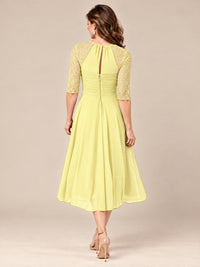 Tea-Length Mother of the Bride Dress with Lace 3/4 Sleeves