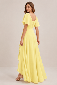Dusty Blue Chiffon Bridesmaid Dress with Flutter Sleeves & High-Low Hem