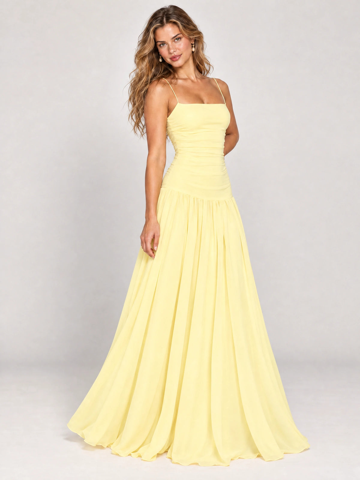 Butter Yellow Ruched Spaghetti Strap Drop-Waist Prom Dress