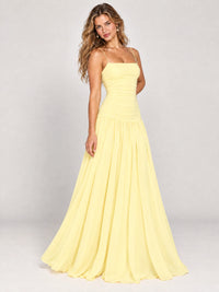 Butter Yellow Ruched Spaghetti Strap Drop-Waist Prom Dress