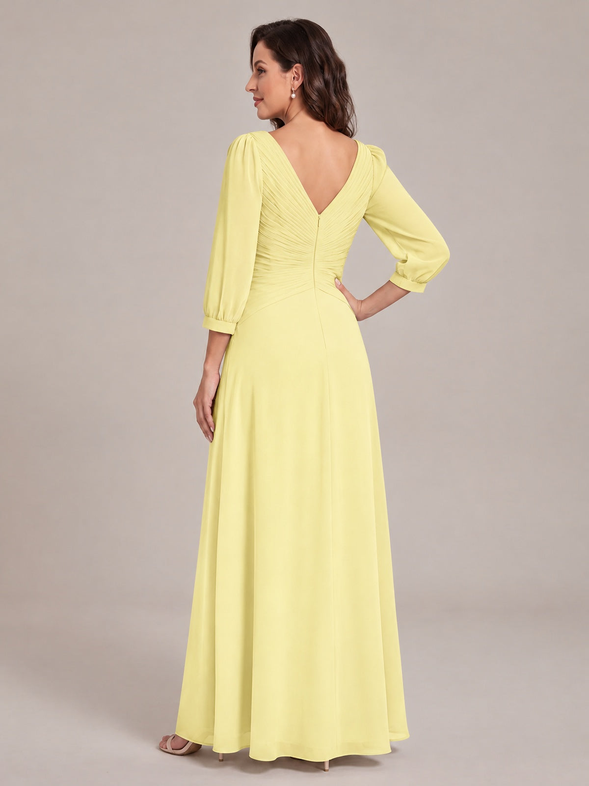 V-Neck Pleated Chiffon Mother of the Bride Dress with Flutter Sleeves