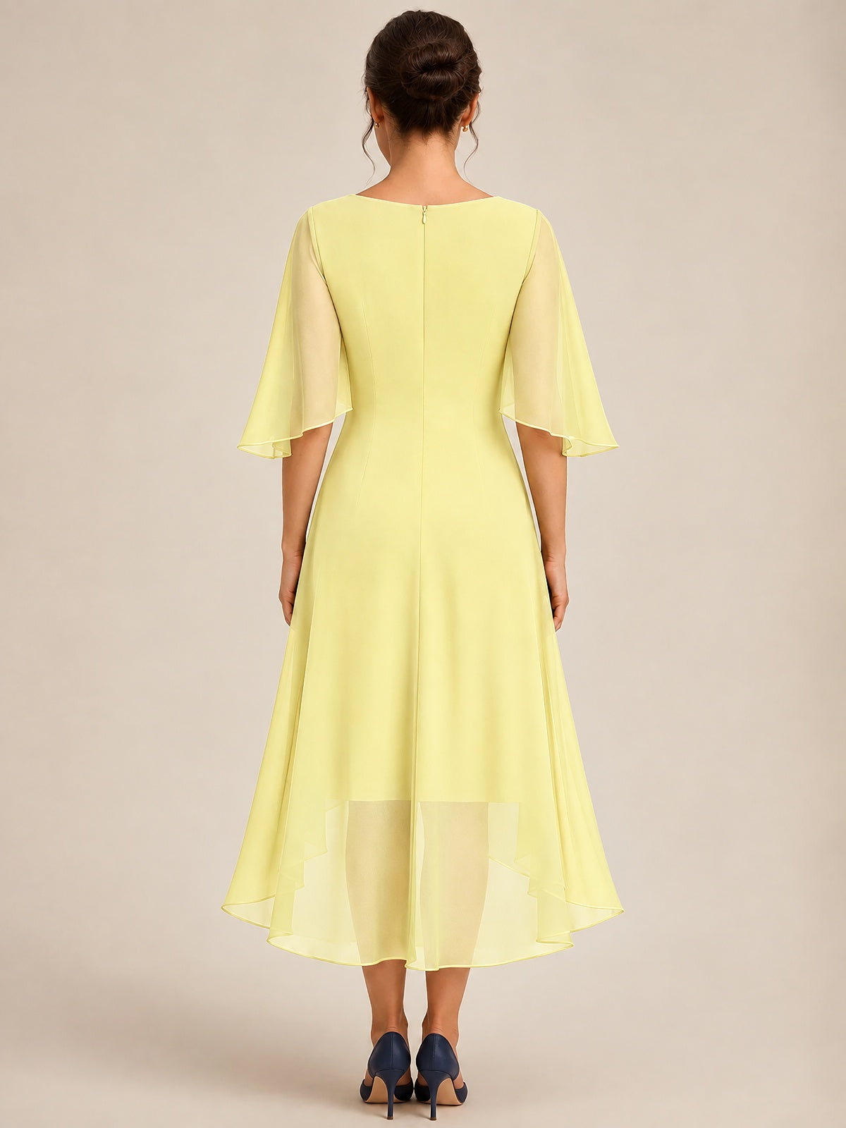 Cowl Neck Ruched Chiffon Mother of the Bride Dresses with Flutter Sleeves