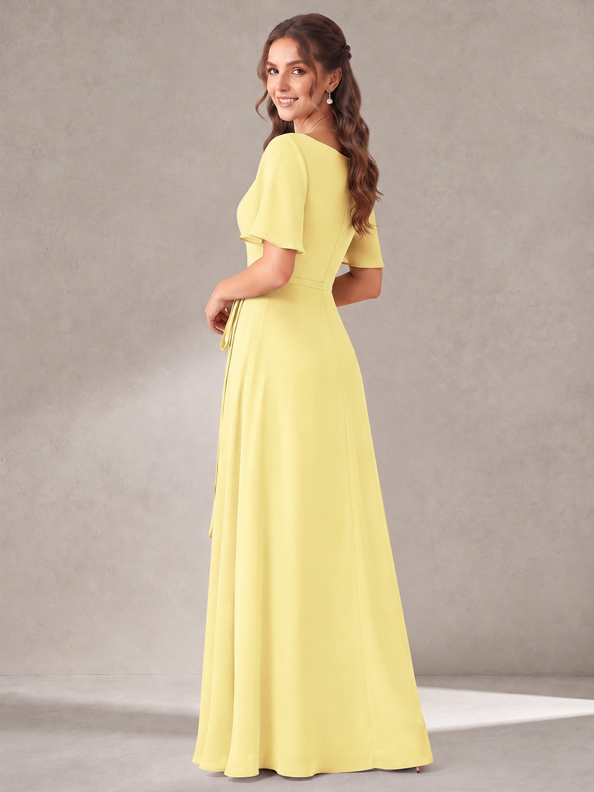 Scoop Neck A-line Chiffon Bridesmaid Dress with Flutter Sleeve & Belt