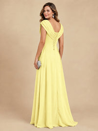 V Neck Pleated Mother of The Bride Dresses with Beading Cap Sleeves