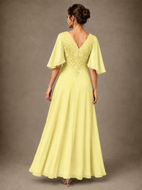 V-Neck Chiffon Lace Mother of the Bride Dress with Flutter Sleeves