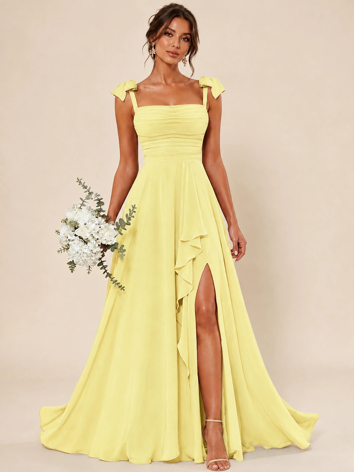 Ruffle Slit Chiffon A Line Scoop Neck Bridesmaid Dresses with Pockets