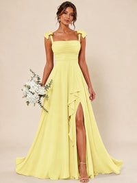 Ruffle Slit Chiffon A Line Scoop Neck Bridesmaid Dresses with Pockets