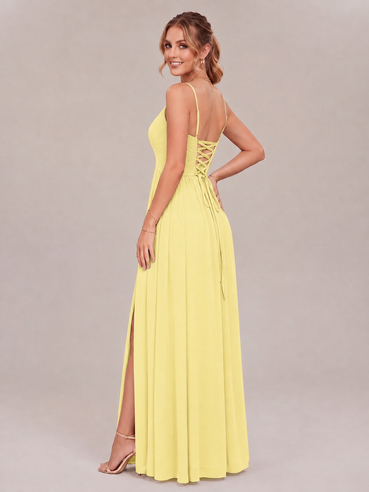 V-Neck Pleated Chiffon Long Bridesmaid Dress with Slit