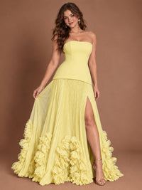Strapless Pleated Floral Satin Formal Dress with Side Slit