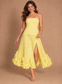 Navy Blue Strapless Pleated A-Line Midi Dress with 3D Floral Applique