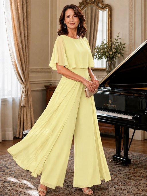 Chiffon Mother of the Bride Jumpsuit with Layered Cape Sleeves