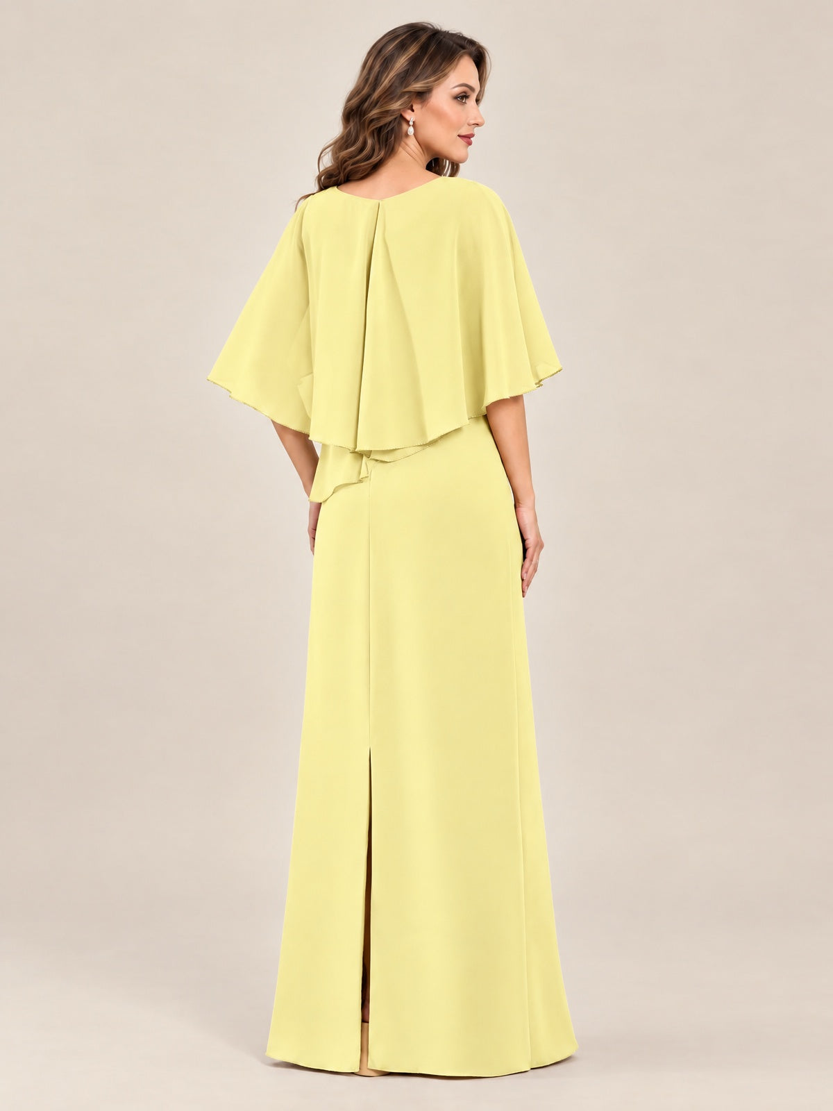 Cape Sleeve Mother of the Bride Dress with Asymmetrical Overlay