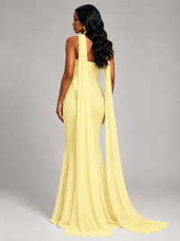 Pleated Chiffon Lace Prom Dresses Long Bodycon Mermaid with Scarf