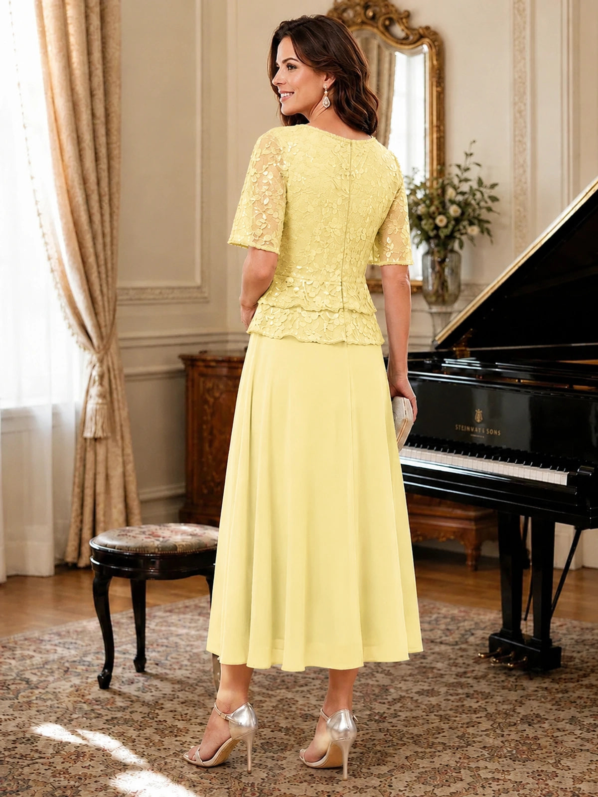 Tea-Length Chiffon Mother of the Bride Dress with Sequin Lace Sleeves