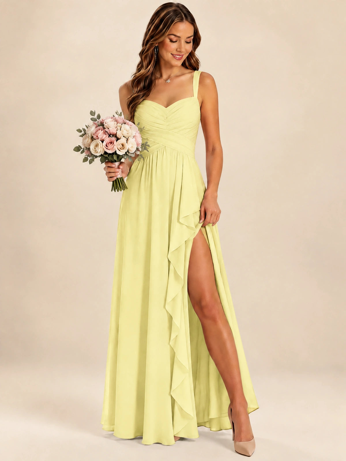 Spaghetti Straps Pleated Chiffon Bridesmaid Dress with Ruffle Slit