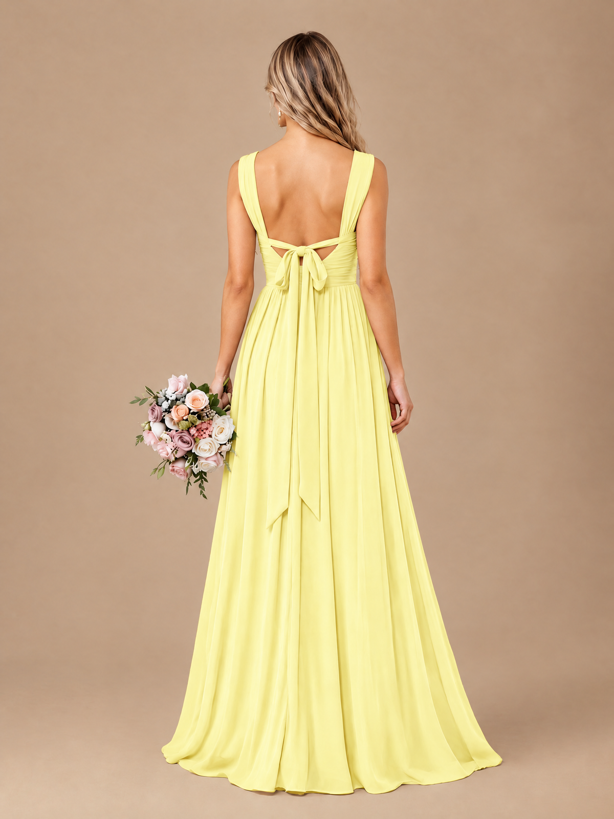 Pleated Chiffon V Neck Wedding Bridesmaid Dresses Floor Length with Slit