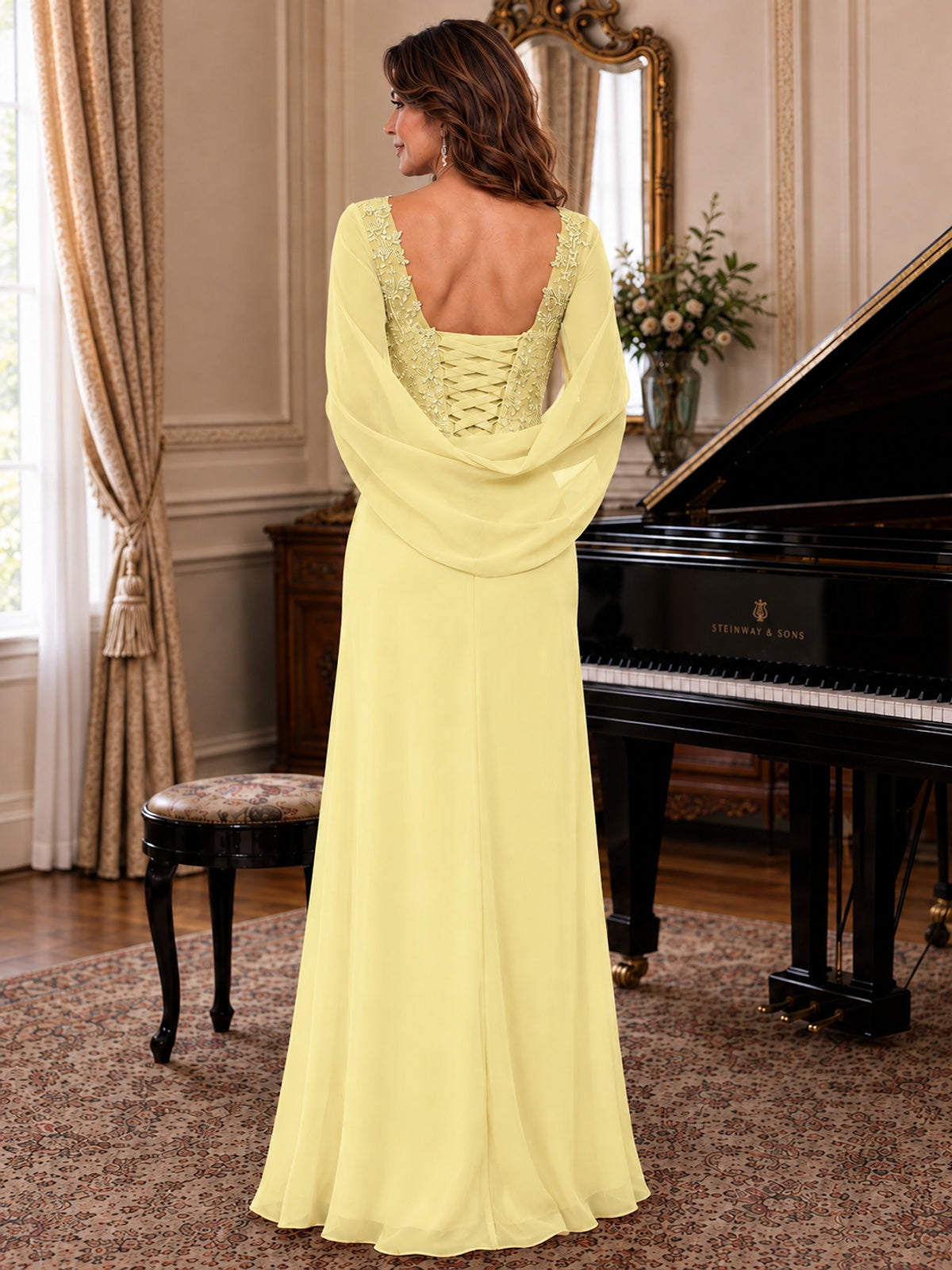 Elegant Applique Chiffon Mother of the Bride Dress with Cape Sleeves