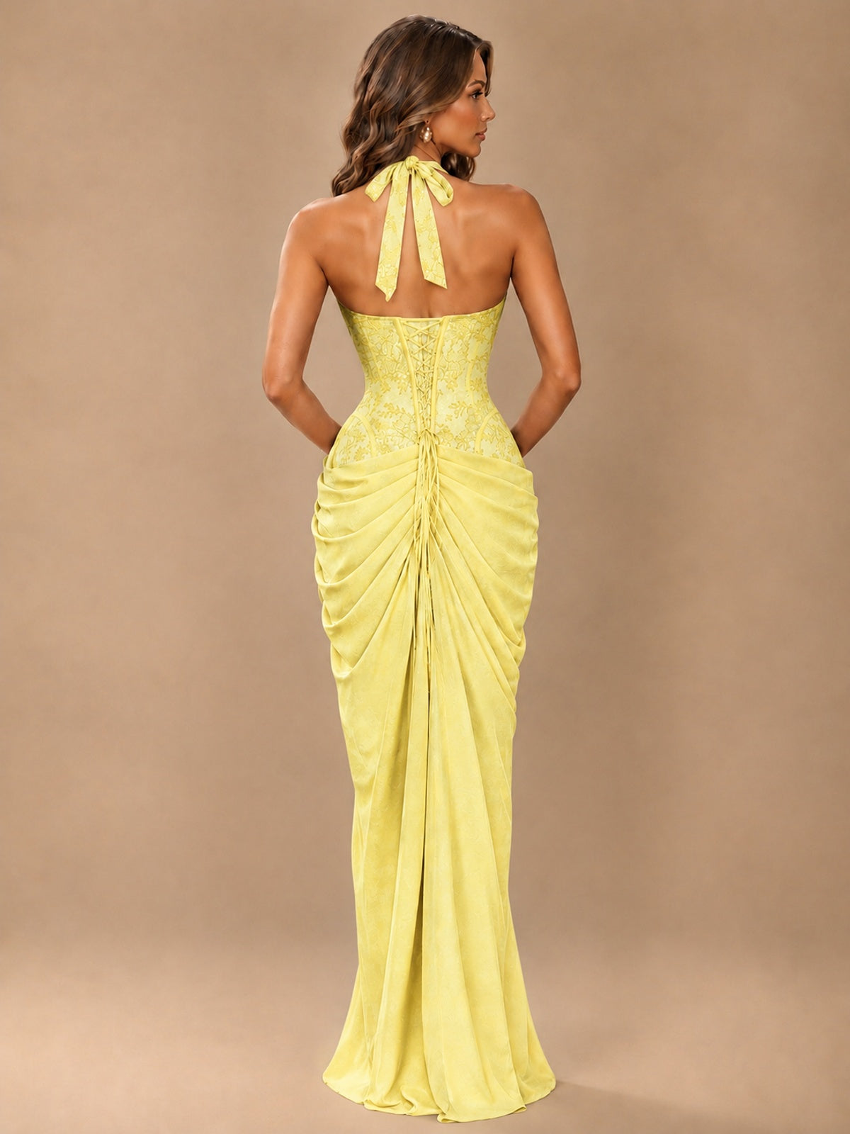 Sweetheart Halter Prom Dress Pleated Lace Floral Formal Dress with Slit