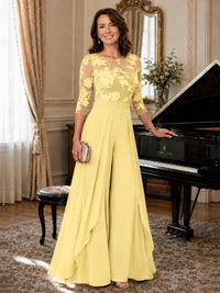 Lace Applique Wide-Leg Chiffon Mother of the Bride Jumpsuit