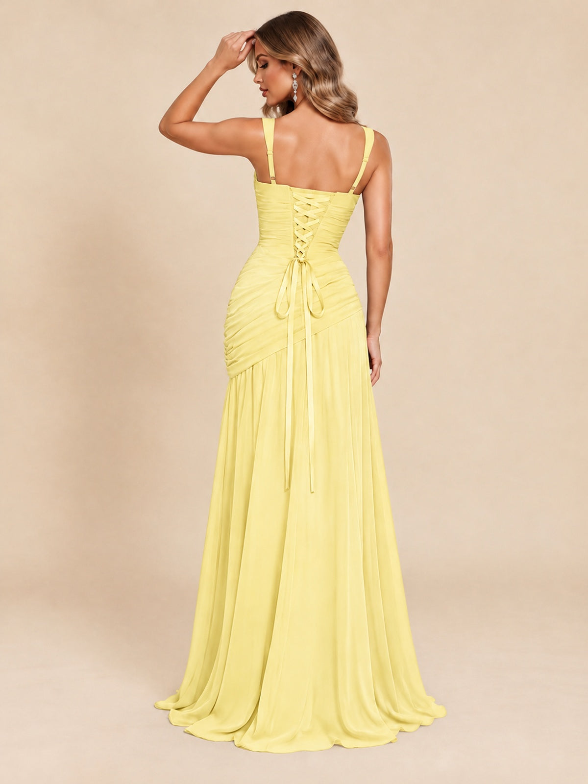 Wrap Pleated Prom Dress Scoop Neck with Slit Women Wedding Formal Dress