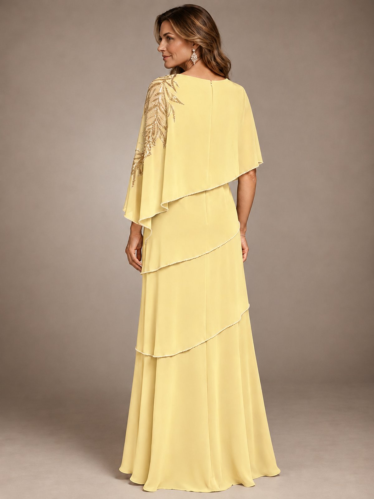 Elegant Chiffon Cape Sleeve Beaded Mother of the Bride Dress