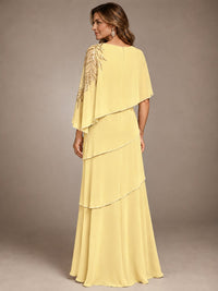 Elegant Chiffon Cape Sleeve Beaded Mother of the Bride Dress