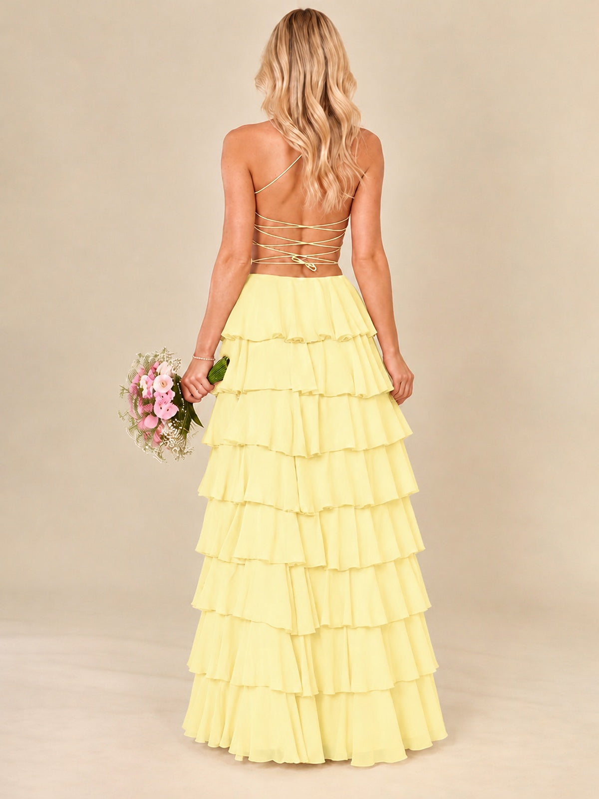 Ruffled Tiered Chiffon Prom Dress Spaghetti Straps Formal Maxi Dress with Slit